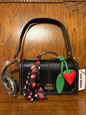 NWT-Steve Madden-Black-B Kendal Shoulder/Crossbody-Strawberry🍓Charm & Scarf-$108